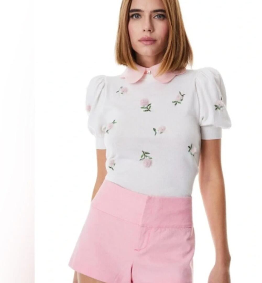 NWOT Alice & Olivia Chase Puff-Sleeve Collared Sweater Small CUTE! MSRP $465